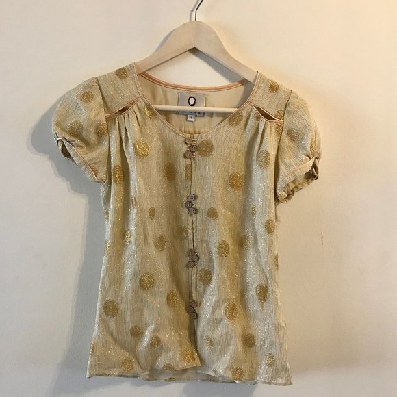 Jane Mayle Textured Silk Gold Polka Dot Blouse - Picture 1 of 5